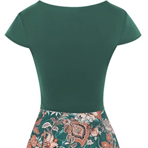 Women's V-Neck Cap Sleeve Floral Casual Stretch Swing Dress - Picture 4 of 8